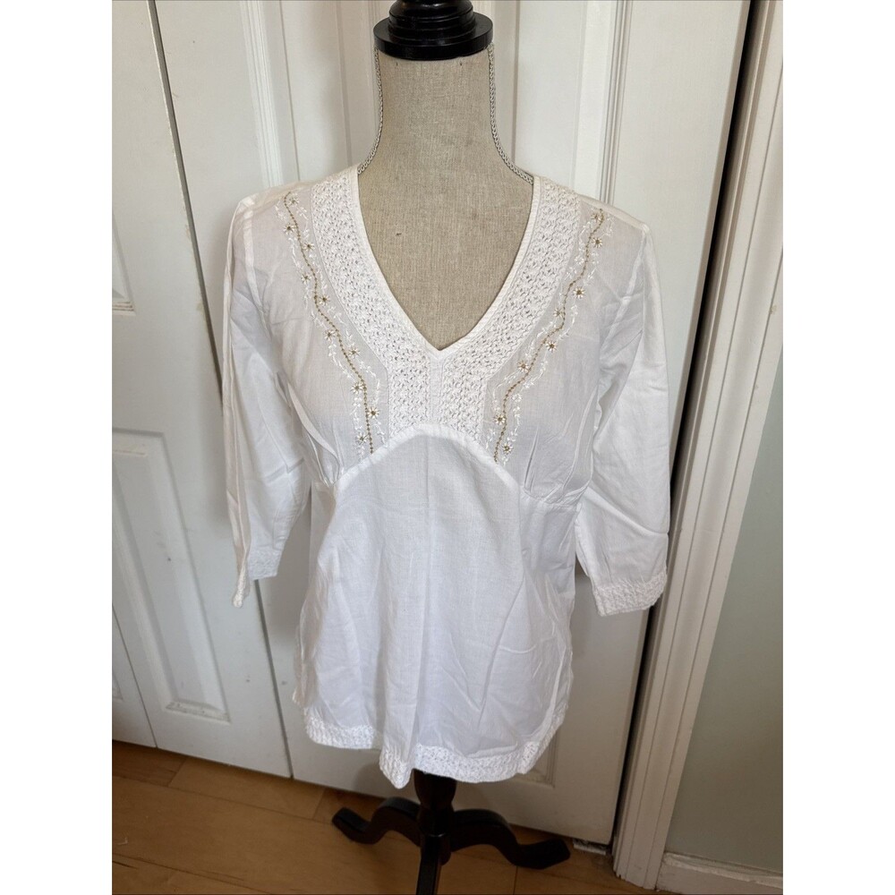 COMFY COTTON Just Class White 100% Cotton Women’s Tunic Gold Embroidery Size L